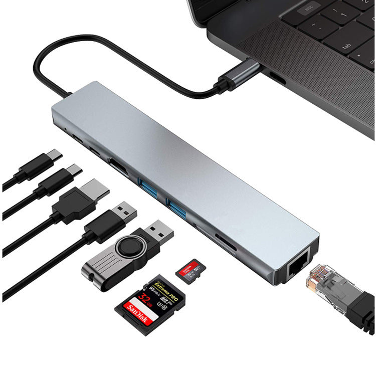 USB-C hub 8-in-1 with HDMI USB 3.0 PD charge in aluminum finish