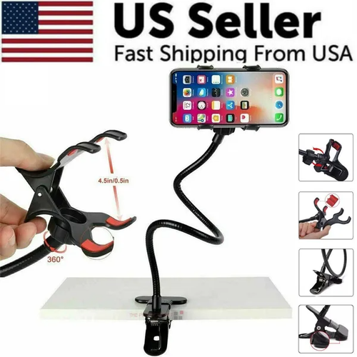 Flexible gooseneck phone stand hands-free desk and bed mount